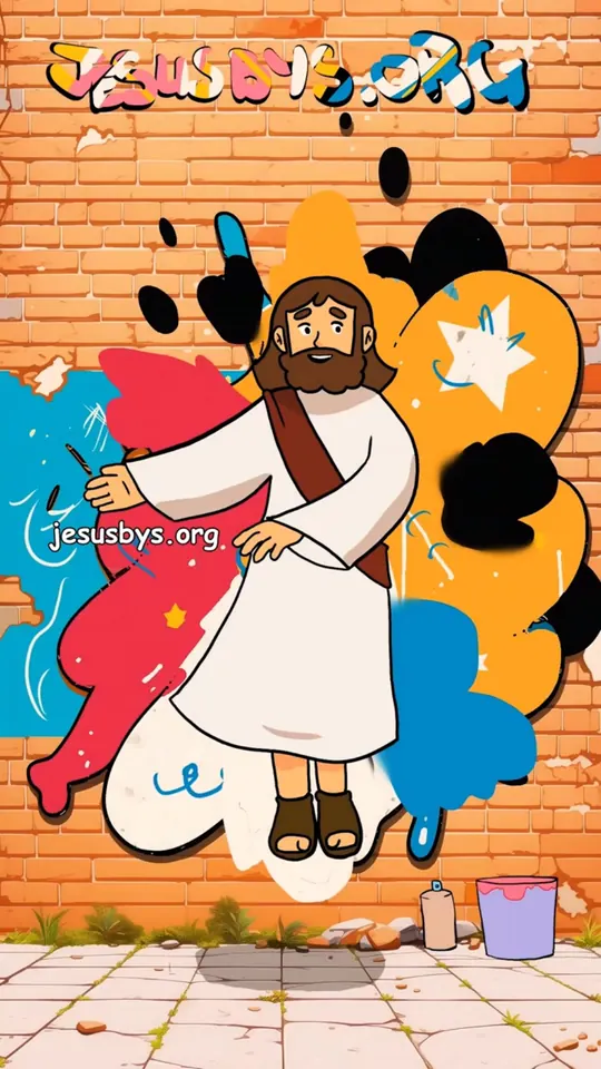 Jesus in front of a bright graffiti wall