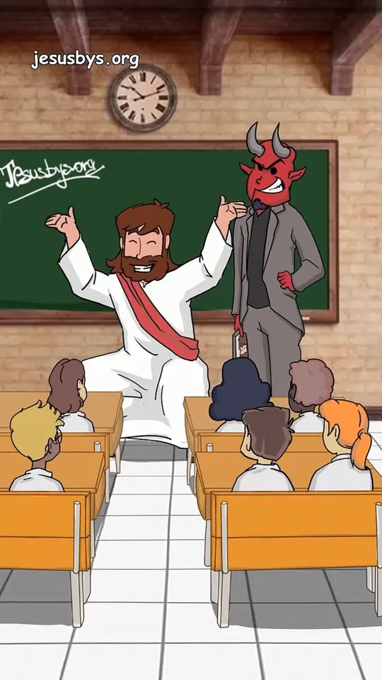 Jesus in front of a class, facing a little devil