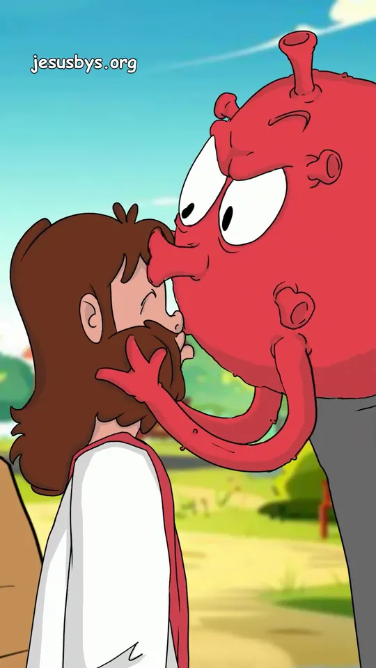 A giant red virus facing Jesus