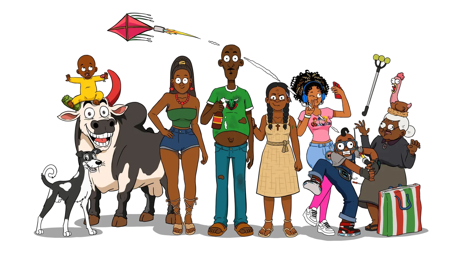 The whole Rabe family, with Zézé the zebu and Maki the dog