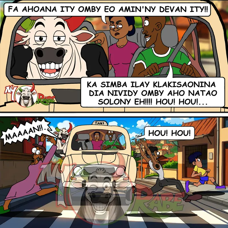 Ny Rabe: the taxi horn is broken, so Zézé the zebu stands in