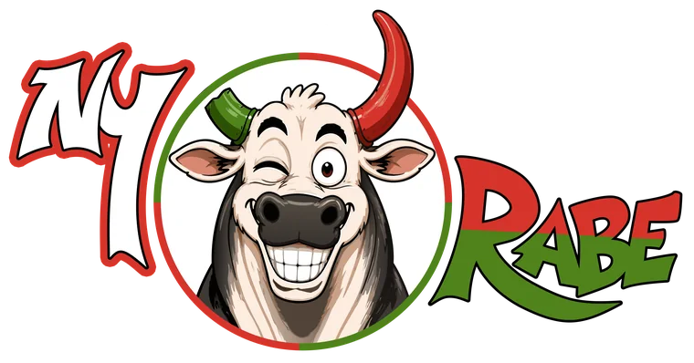 Ny Rabe logo: Zézé the zebu winks next to the name in red, green and white