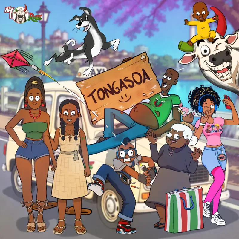 The Rabe family in front of the taxi, holding a “Tongasoa” sign