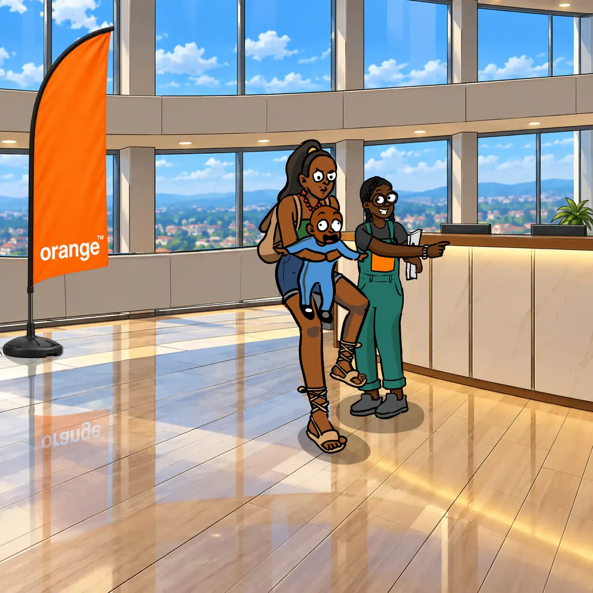 Tsiky et Lita arrivent à l'accueil d'Orange