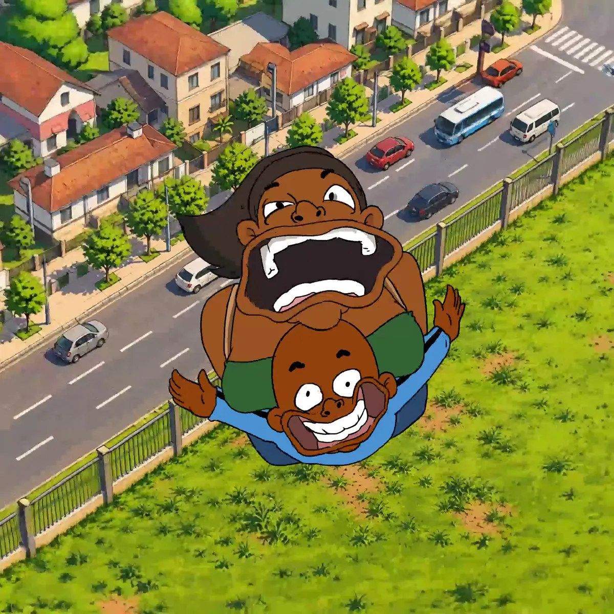 Tsiky et Lita en plein vol au-dessus de la route