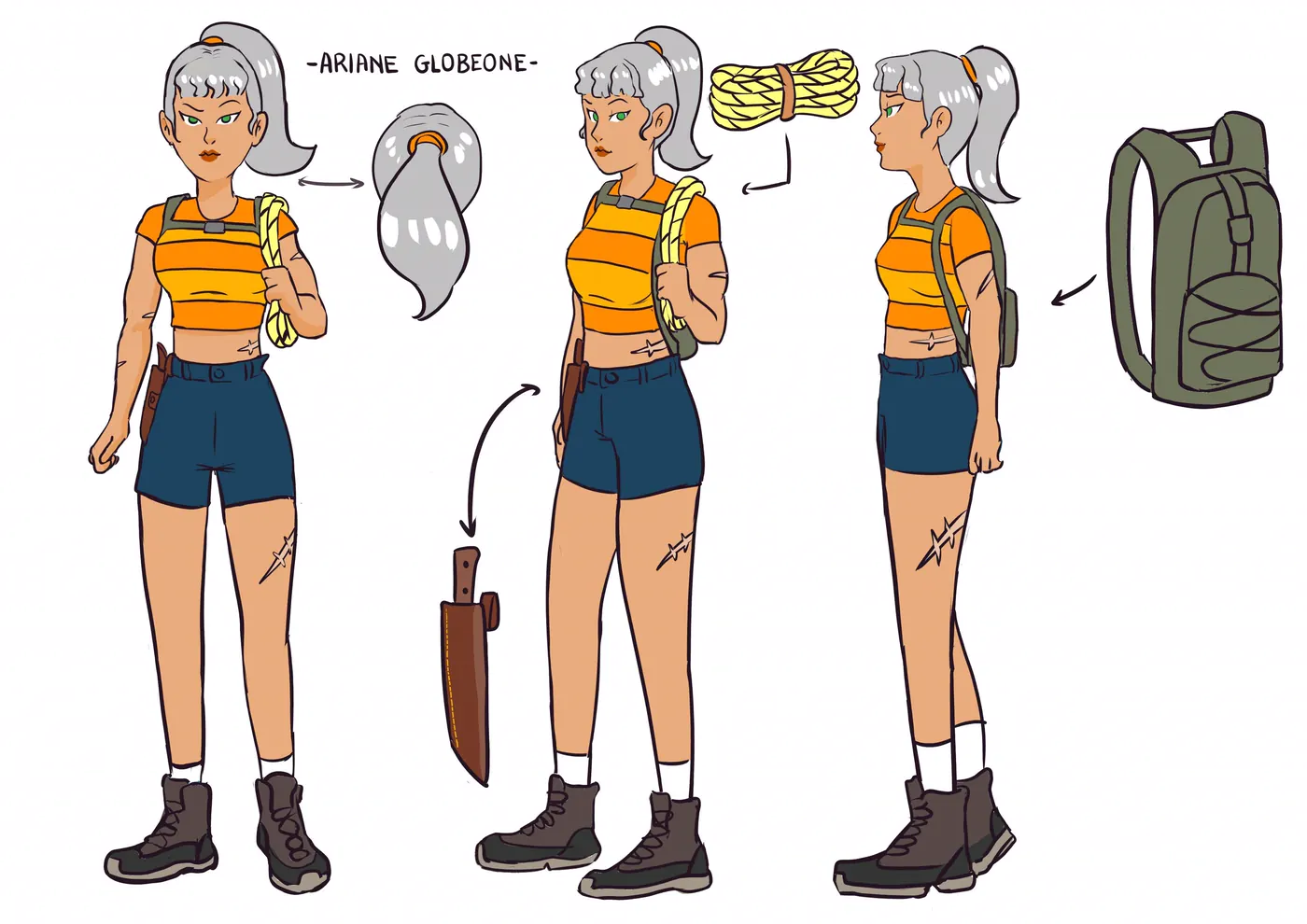 Ariane model sheet: front, side and back views