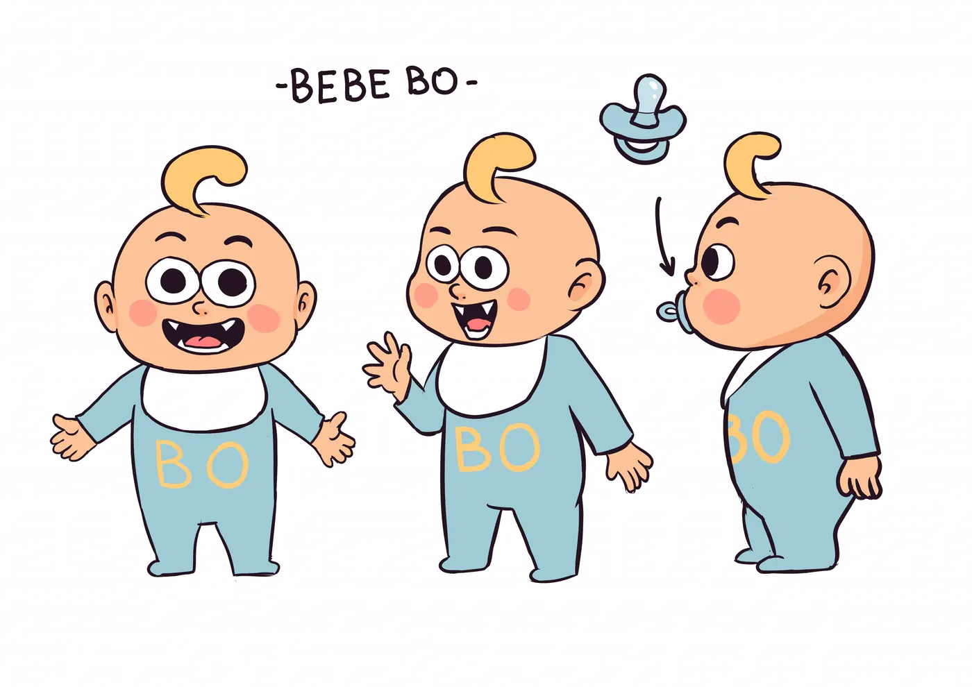 Baby Bo model sheet: front, side and back views