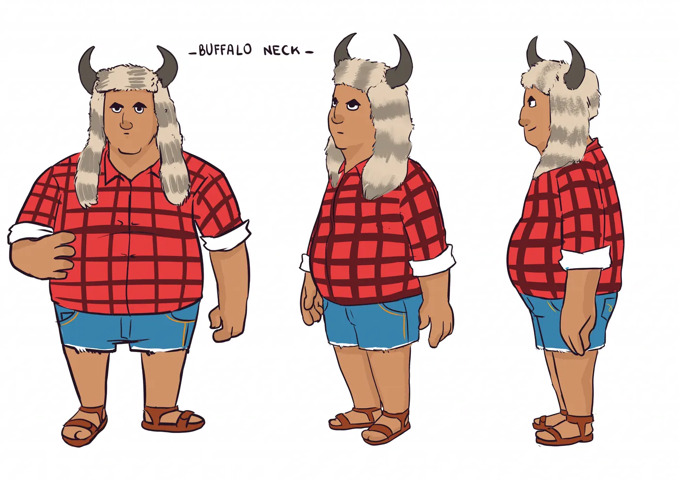 Buffalo Neck model sheet: front, side and back views