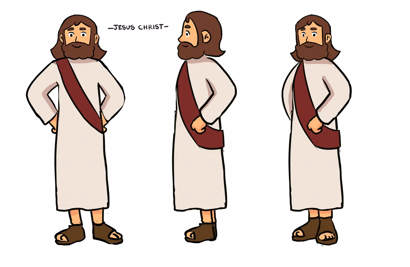 Jesus model sheet: front, side and back views