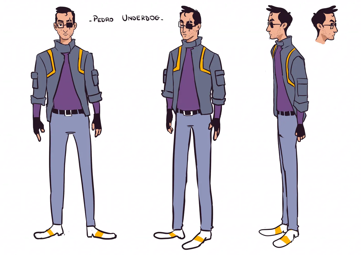 Pedro Underdog model sheet: front, side and back views