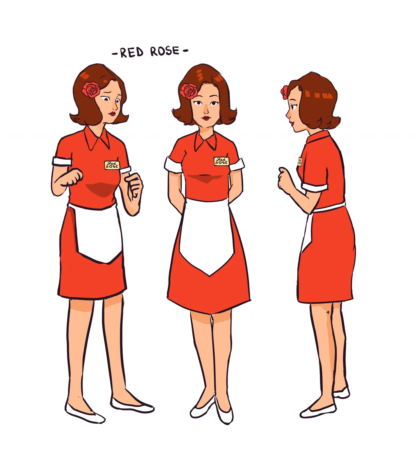 Red Rose model sheet: front, side and back views